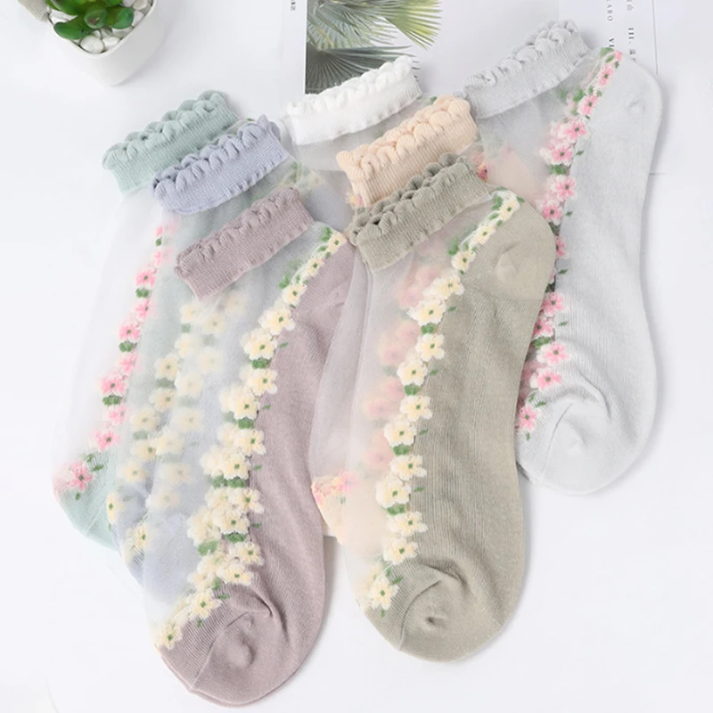 5Pairs Women Flower Sock Summer Lace Crystal Glass Silk Socks Short Thin Transparent Roses Jacquard Elastic Ultra Thin Socks