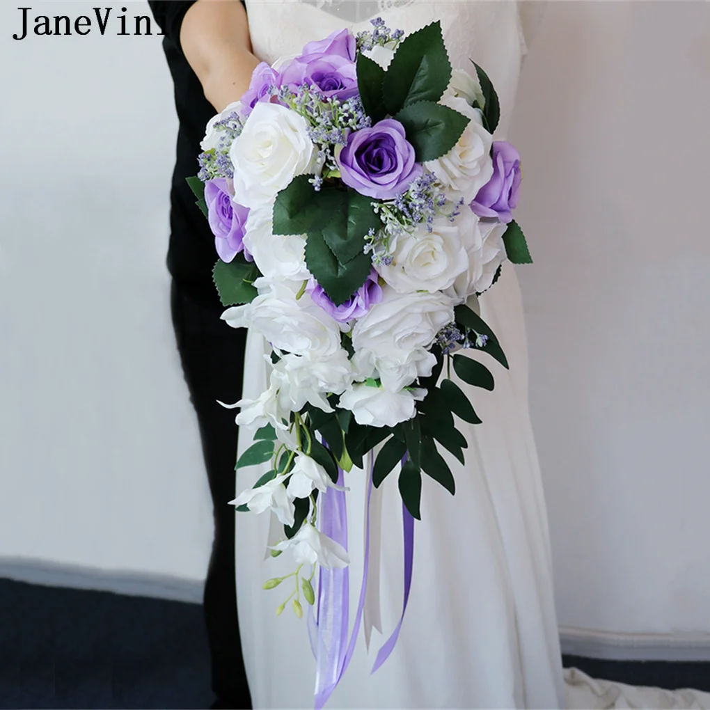 JaneVini White and Purple Cascade Wedding Bouquet Bridal Hand Flowers Artificial Rose Burgundy Pink Waterfall Bride Bouquet 2022