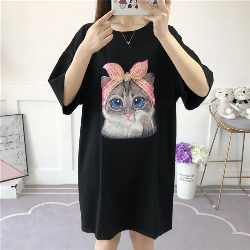 

Size 7XL 170kg Women Summer Dress Ldies O Neck Short Sleeve T Shirt Dress Big Size Cartoon Printed Sweet vestidos