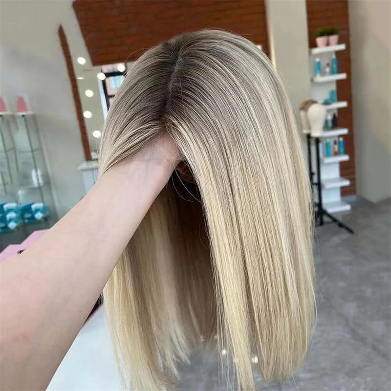 Short Ombre Ash Blonde  Hair Lace Front Wig Highlight 13x4 Straight Bob Wig