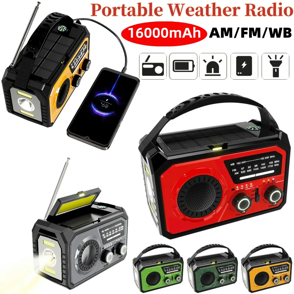 16000mAh AM/FM/WB NOAA Emergency Weather Radio Hand Crank/Solar/Type-C Charging LED Flashlight Reading Lamp for Outdoor Survival