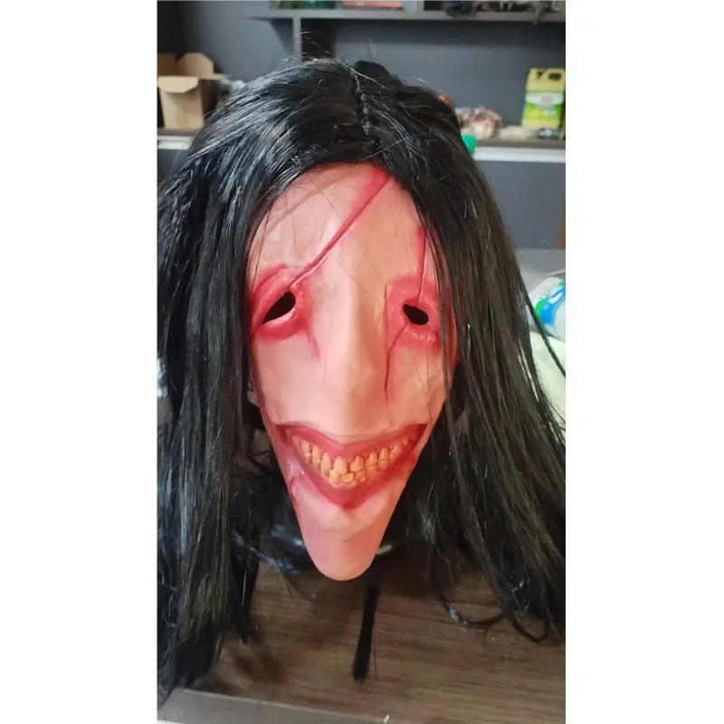 Masque de démon visage rouge d'halloween avec cheveux longs, accessoire de Costume diable effrayant en Latex, dents défendues, accessoire de Cosplay de fête pour adultes