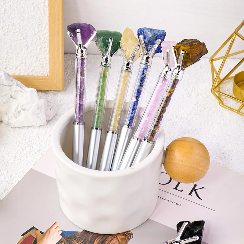 Natural Crystal Raw Stone DIY Chip  Office Signature Pen 2-In-1 Stylus Ballpoint Pen Colorful Mineral Inlaid Office Stationery