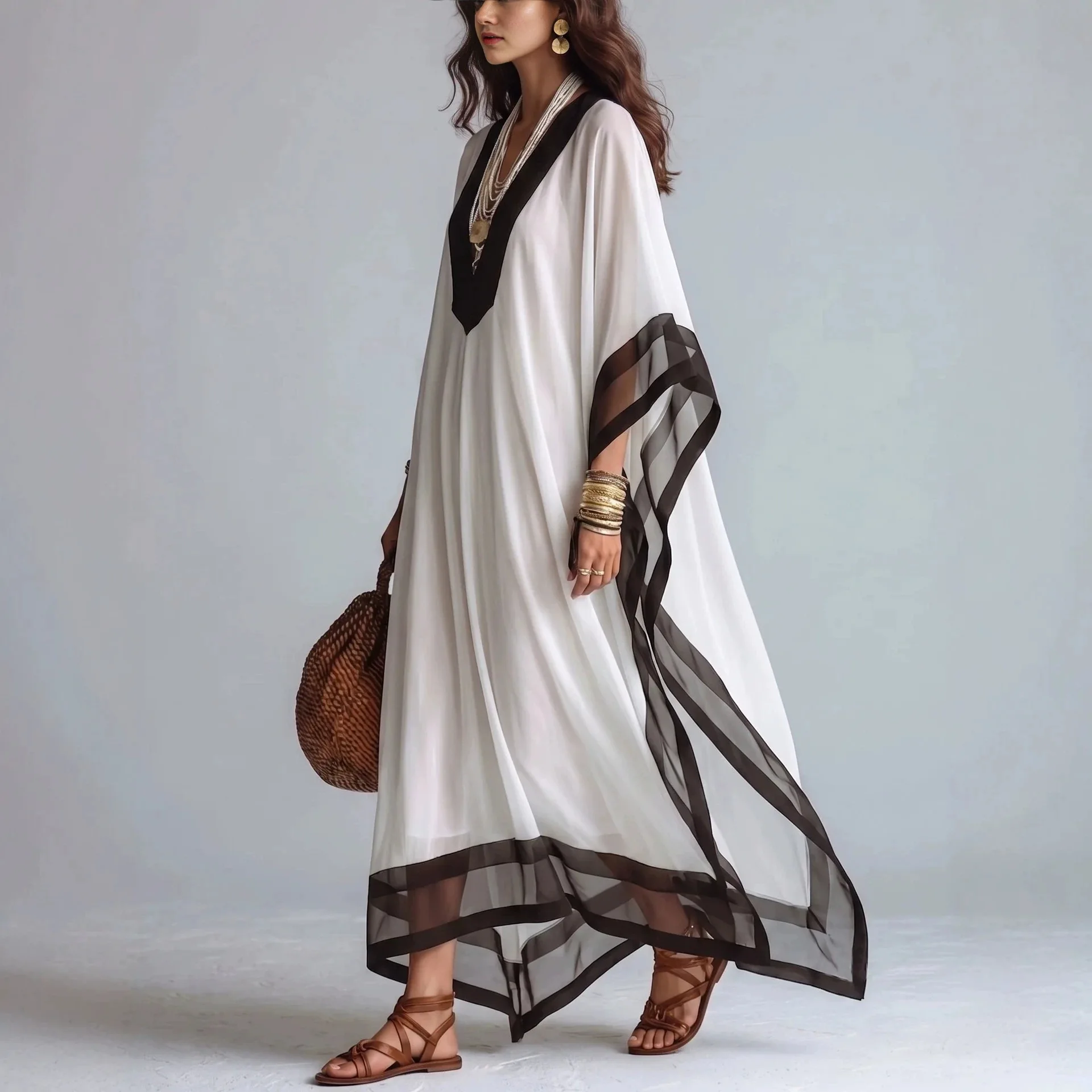 Chic French BlackWhite V-neck Bat Sleeve Blouse Long Dress Vestidos Lazy Vacation Style Loose Sun Protection Beach Dress Y2K
