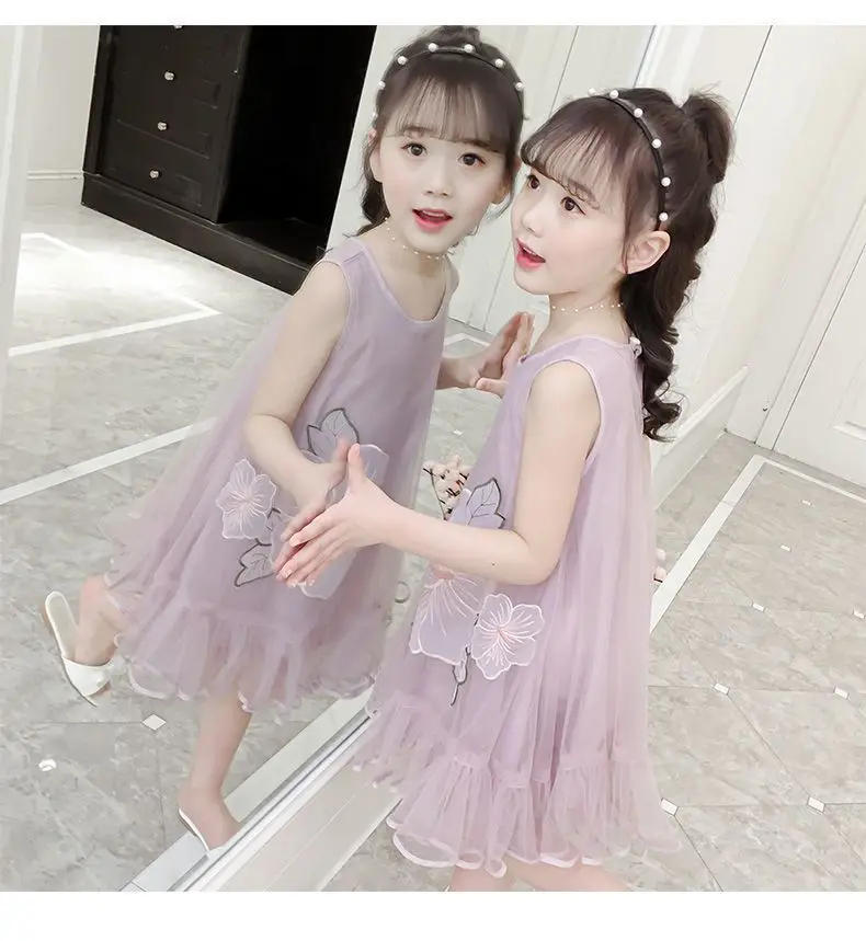 2026 Summer Kids Girls Chiffon Floral Tulle Chemise Sundress Floral Dresses Layered Princess Children Braces Teens 4 5 8 10 Year