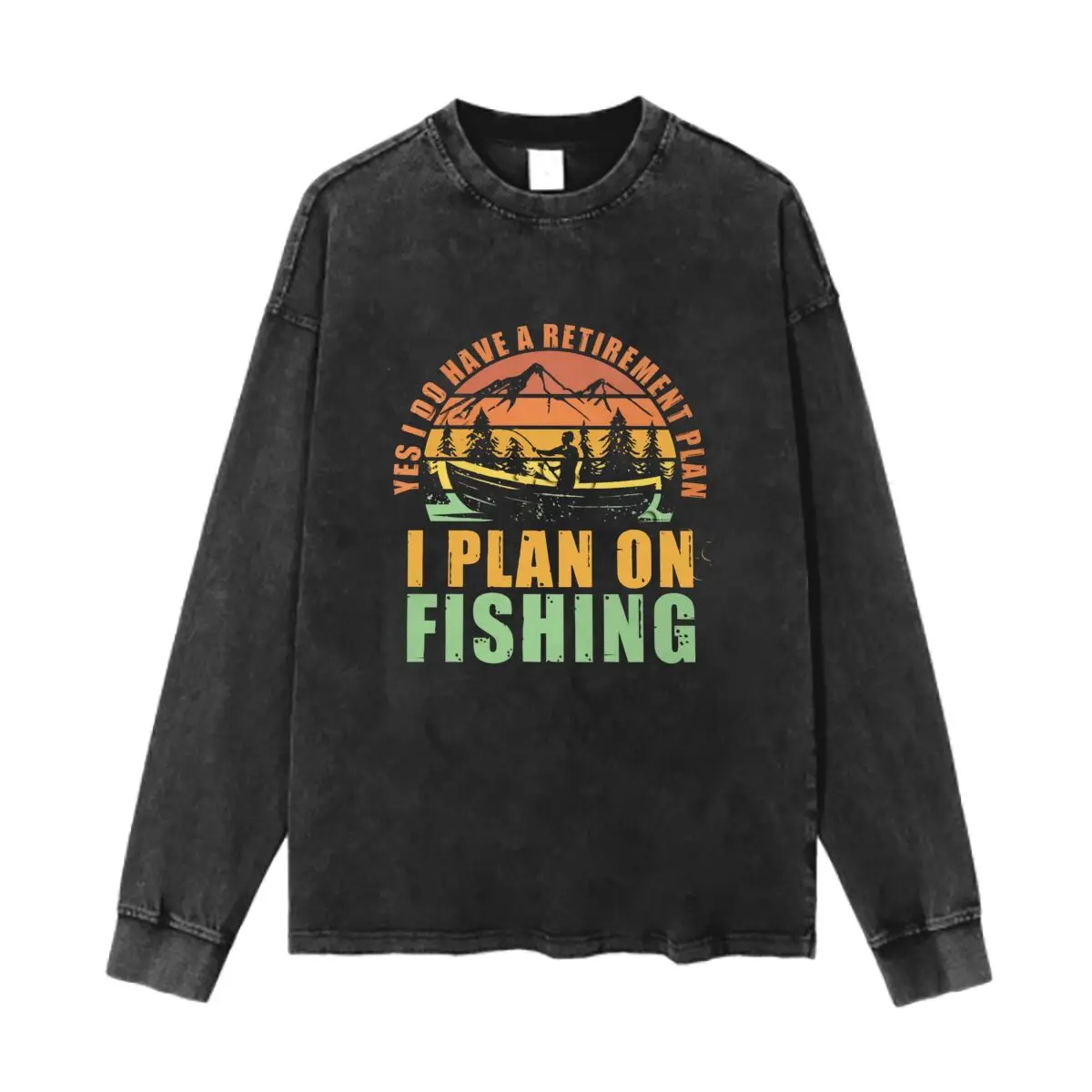 Yes I Do Have a Retirement Plan I Plan on Fishing Text Washed Vintage Long Sleeves Cotton Tee Shirt Solid O Collared