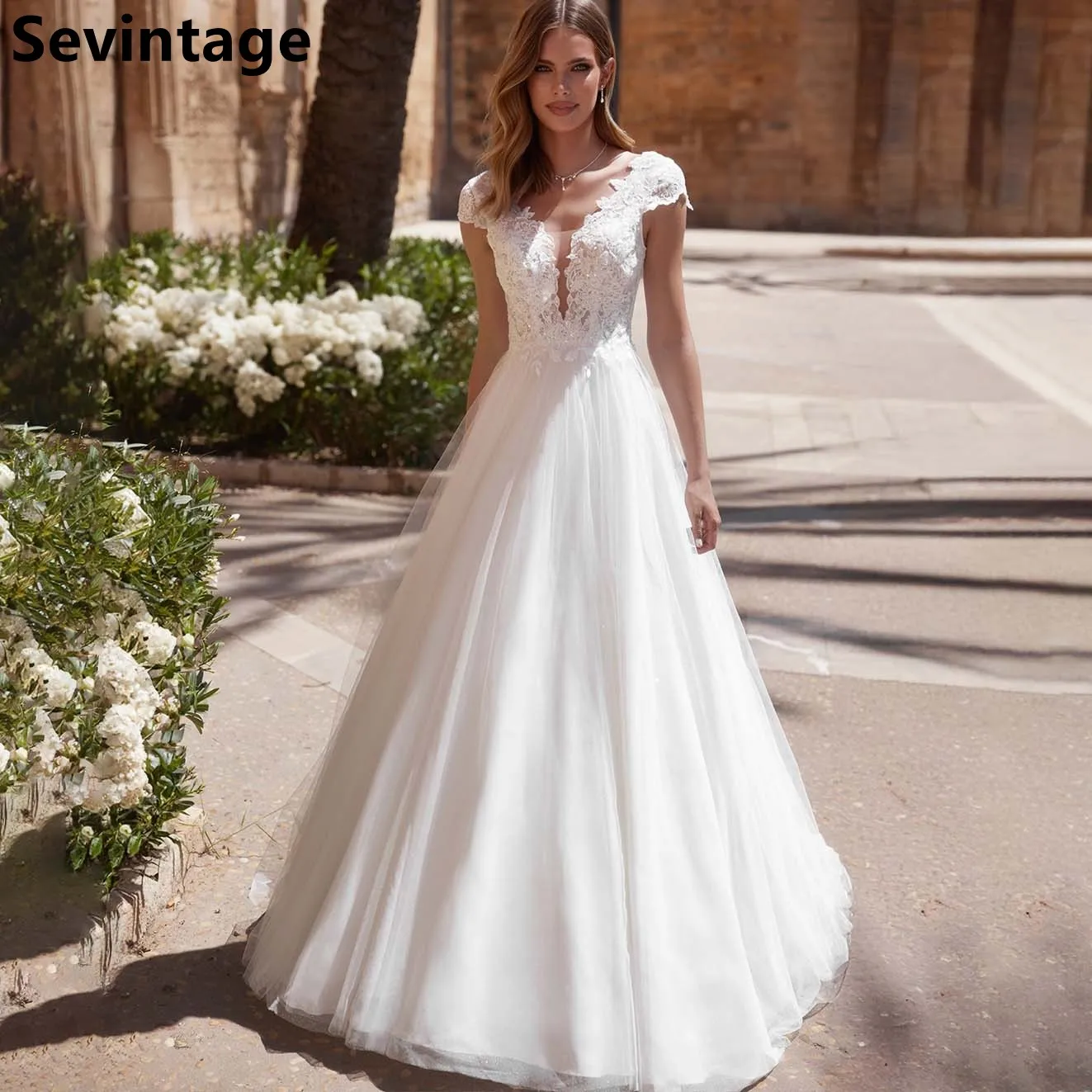 

Sevintage 2025 Tulle Wedding Dress Appliques Lace Sexy Backless Cap Sleeve Elegant A Line Bridal Gowns robe de mariée Customized