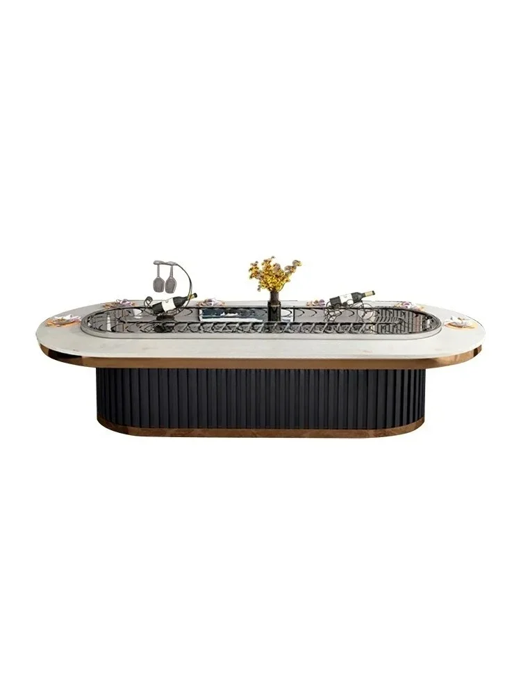 A Electric rotating dining table and chairs oval rectangular rock slab dining table with hot pot turntable restaurant