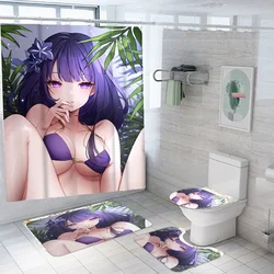 Game Genshin Impact Shower Curtain Kawaii Loli Hutao Venti Keqing Printed Bath Mat Set Bath Curtain Anime Bathroom Toilet Gift