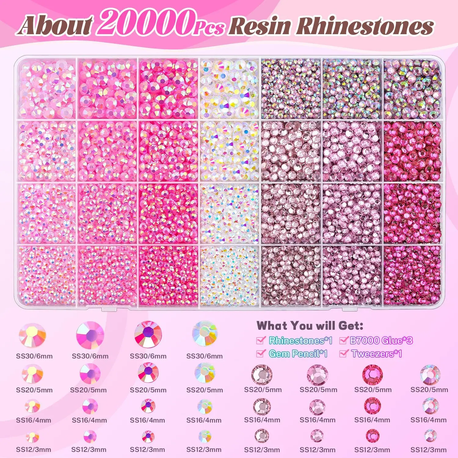 2-6mm Pink Resin Rhinestones for Bedazzling Kit with 3Pcs B7000 Jewelry Glue Flatback Gems Nail Art Rhinestones