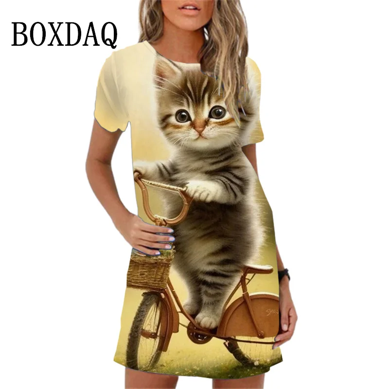 2024 New Women Spring Summer Dress Hip Hop Abstract 3D Cat Pattern Short Sleeve Mini Dress Casual O-Neck Loose Female Girl Dress