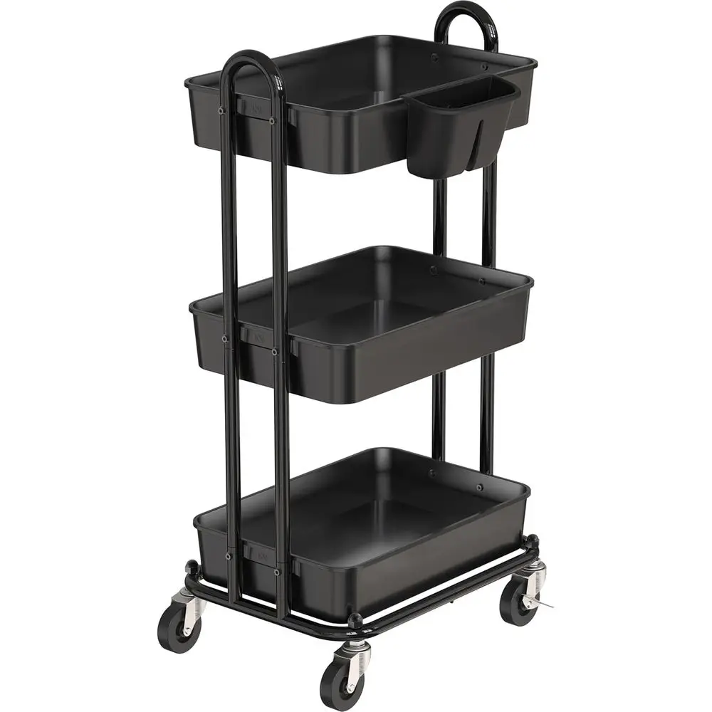 

3-Tier Multiunctional Rolling Utility Cart with Hanging Bucket, Black