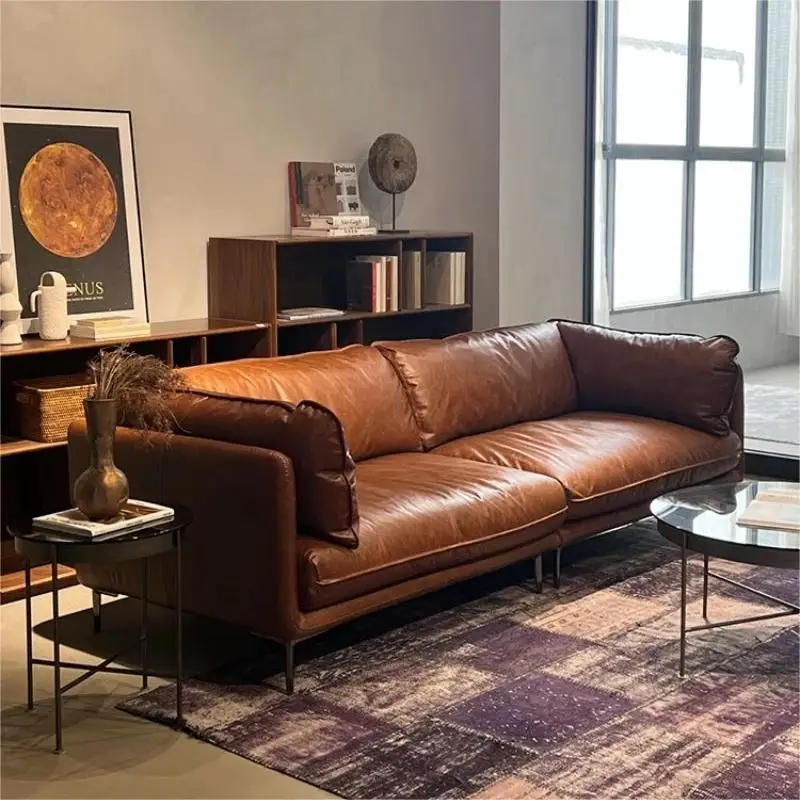 Retro oil wax leather leather sofa Italian minimalist first layer cowhide mid-ancient style living room straight row leather art