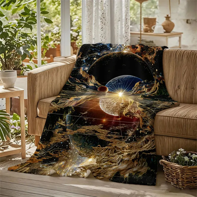 Cosmic Planet Landscape Flannel Blanket Perfect for Sofa Office Bed Travel Sleep Read Relax Camping Four Season Use