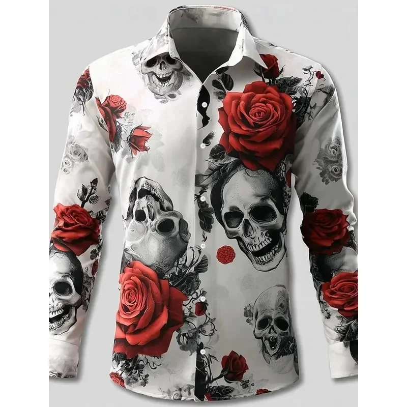 Men's Skeleton Rose Skulls Shirt Button Up Shirt Long Sleeve Dark Gothic Style Streetwear Turndown 3D Print Collared Shirts