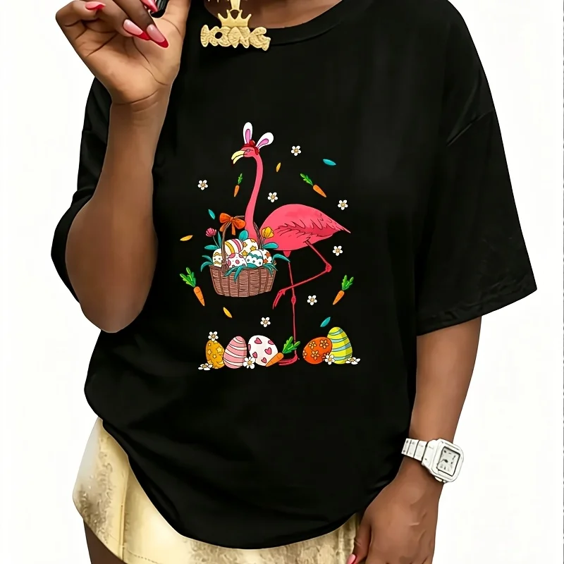 Flamingo Bunny with Easter Basket Women's 100% Cotton T-Shirt Short Sleeve Top Casual Round Neck Fun Print Tee S-5Xl