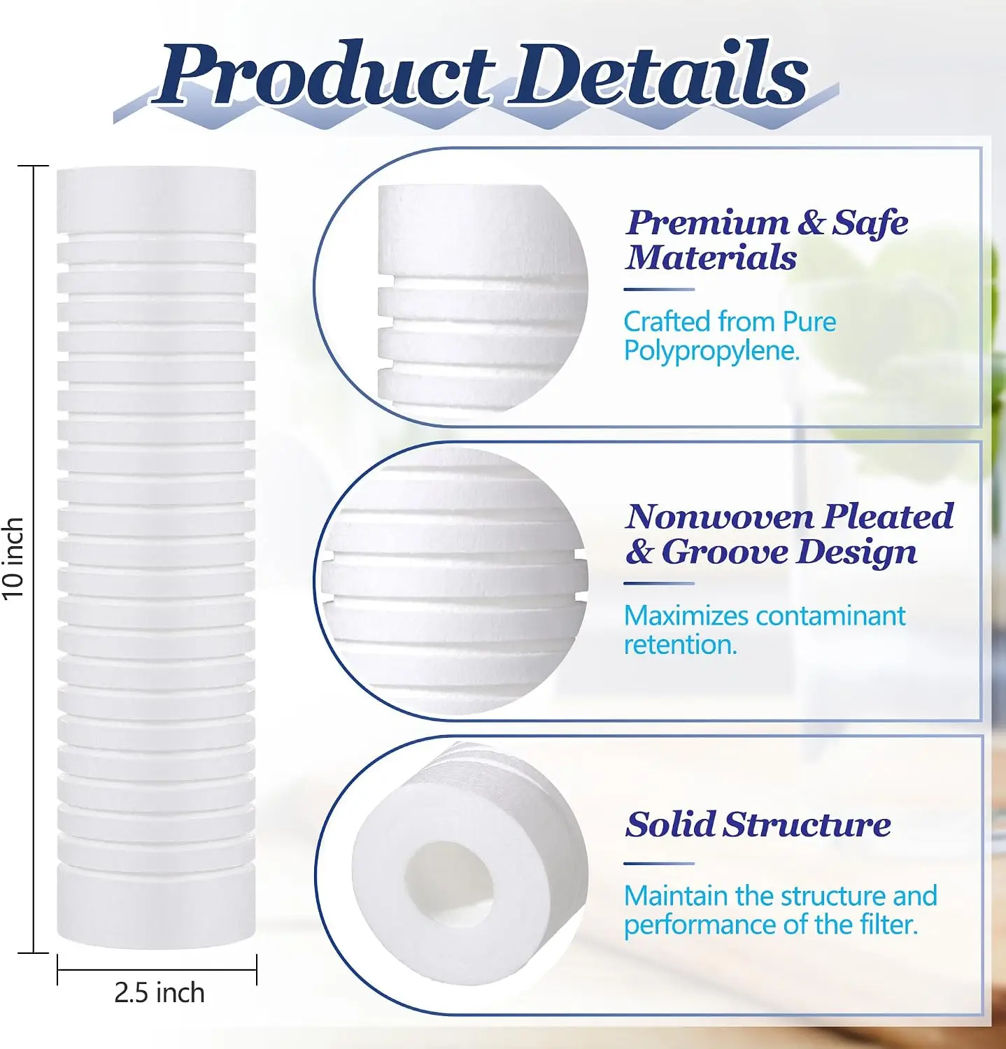 4 Pack 10 x 2.5 Inch 1 Micron Grooved PP Sediment Water Filter Cartridge High Precision Cotton Replacement for Whole House