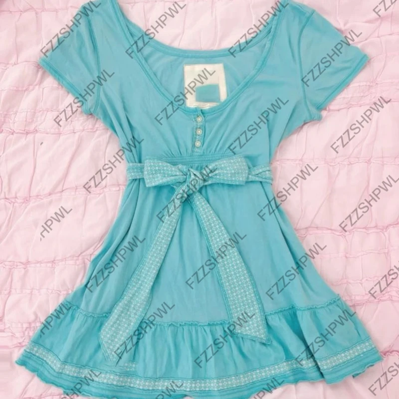 Camiseta Y2K Vintage Fairy Emo para Mujer, Estilo Gótico Punk, Cuello en V, Encaje, Manga Corta, Lazo Dulce, Estilo Harajuku Coreano, Camisetas de Verano