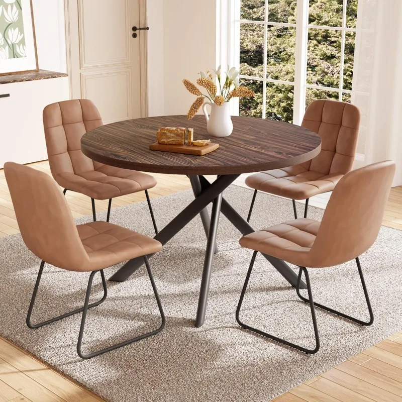 

45.3 Inch Round Dining Table Set for 4, Mid Century Modern Small Coffee Set for Dining Room Kitchen Apartment (Dark Walnut Table