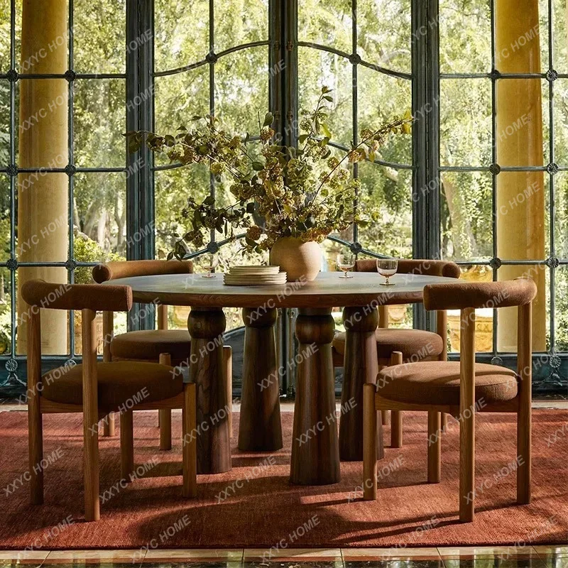 XX Sand wind solid wood dining table round table household small apartment designer retro high-end round dining table