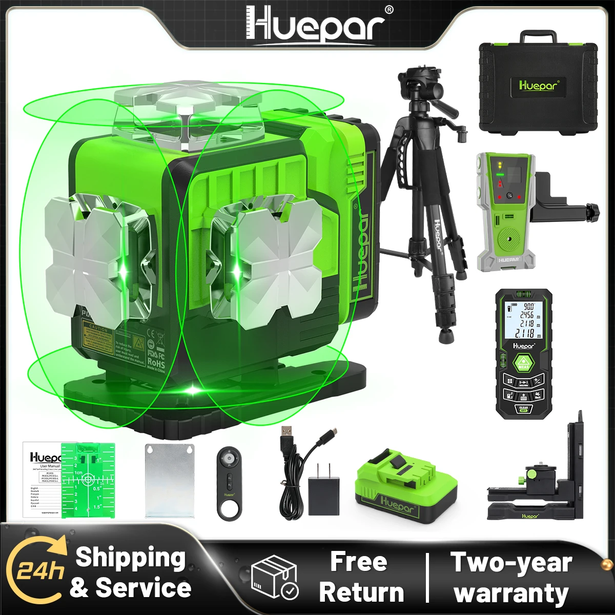 Huepar-Niveau laser 16 lignes avec récepteur, trépied, télémètre, 4D, vert, auto-nivellement, Bluetooth, outil laser, télécommande, étui rigide