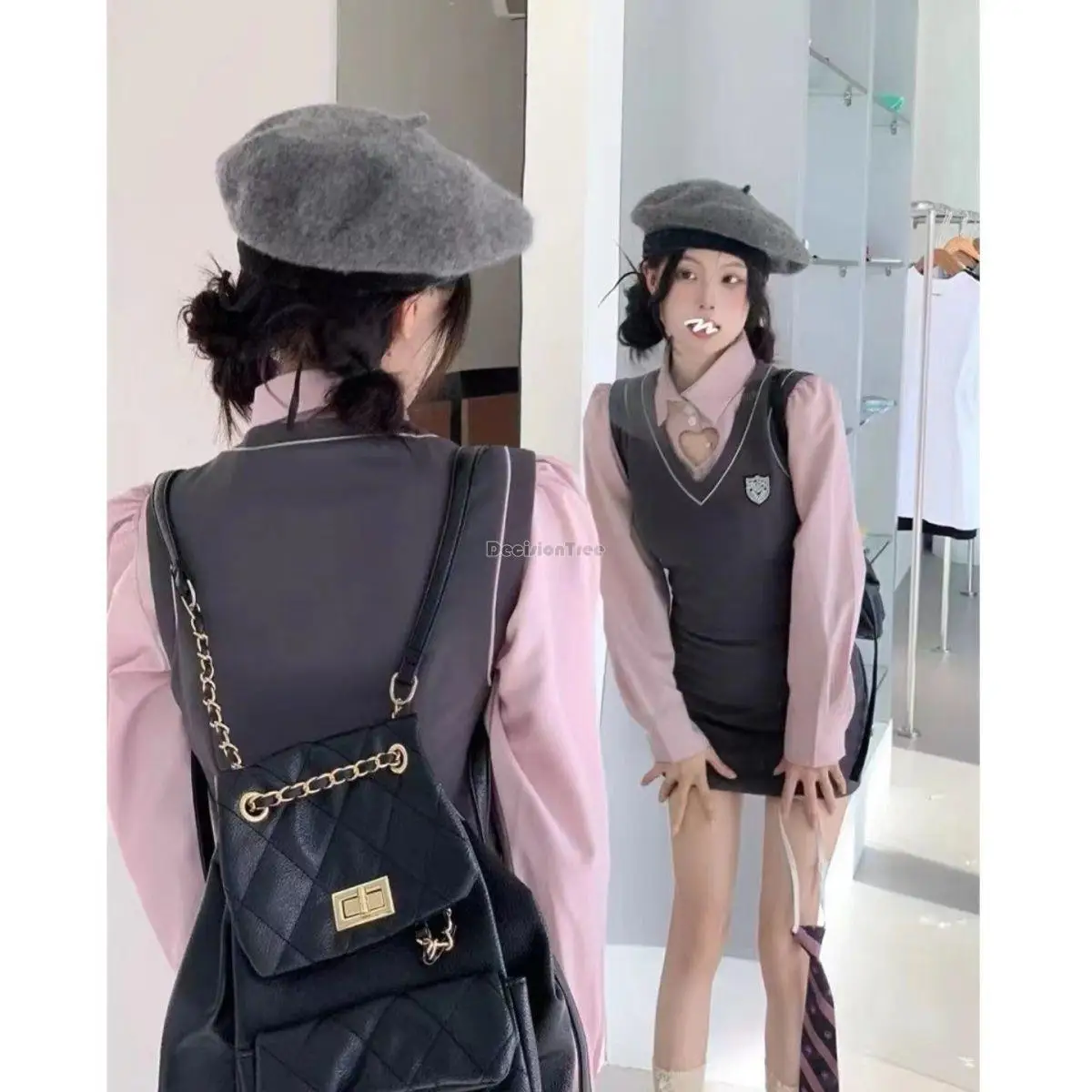 2023 new korea style jk uniform dolce e sexy hollow pink shirt donna autunno slim sundress dress set giornaliero in due pezzi