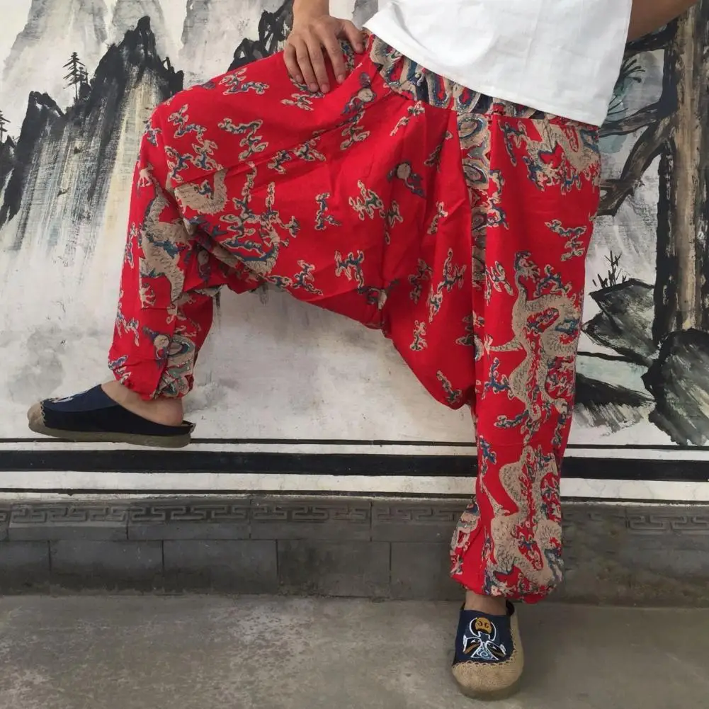 Men Pants Print Loose Vintage Ethnic Deep Crotch Dance Elastic Waist Ankle-banded Women Bloomers Hip Hop Joggers Male Clothing