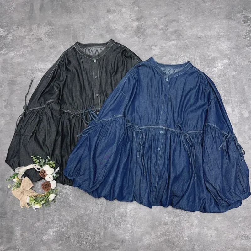 

Johnature Japanese Double-lace-up Bud Denim Shirt 2025 Fall New Retro Casual Loose Women Denim Tops