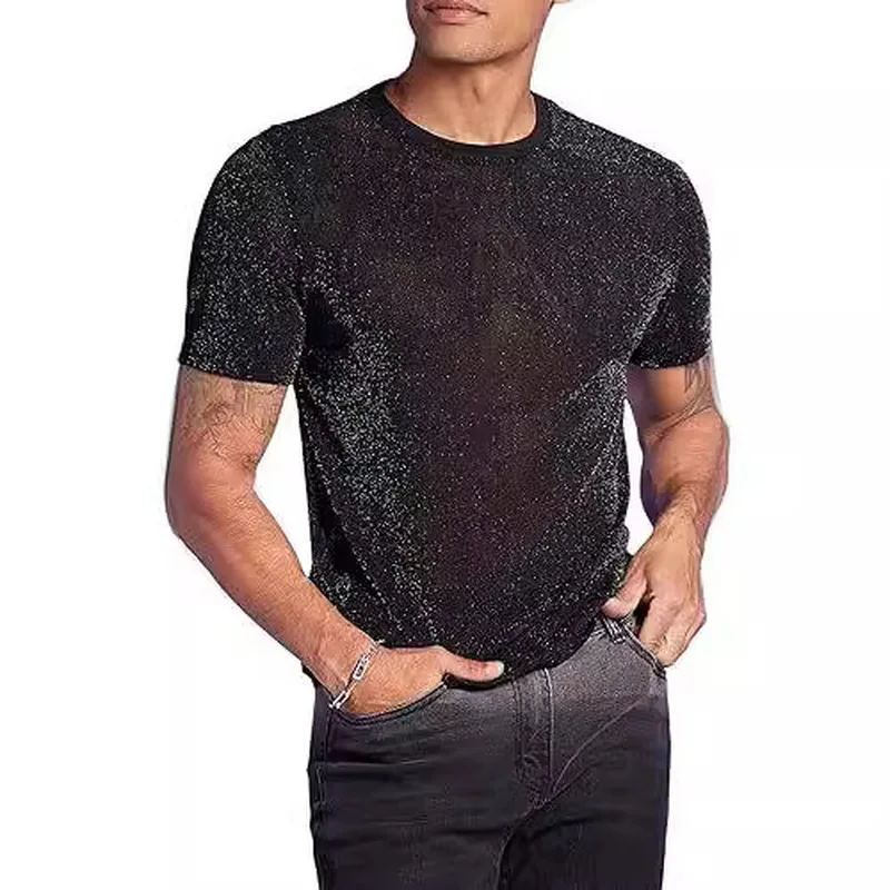 QICHE See Through Glitter Mesh Tee Men Crew Neck Short Sleeve Fashion Nightclub Wear