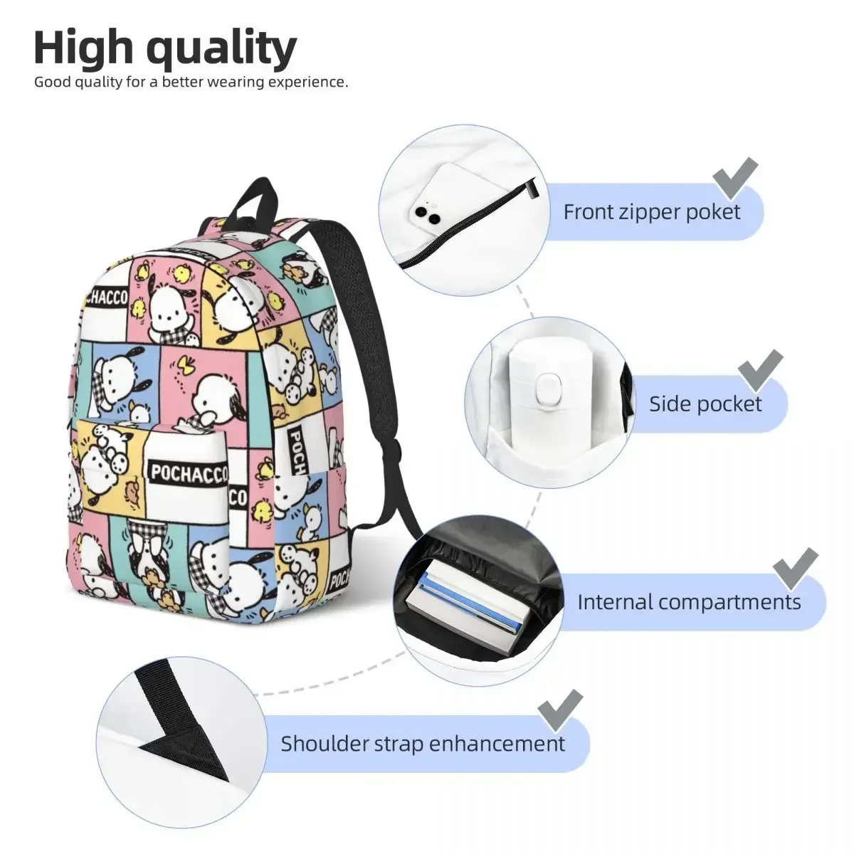 Pochacco Paterrn Backpack for Men Women Cool Student Work Daypack Cartoon Dog Laptop Computer Canvas Bags Gift