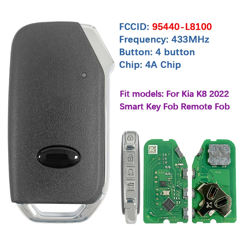 

CN051218 Aftermarket 4 Button Smart Key Fob 4A Chip 433MHz FCC 95440-L8100 Auto Start Keyless Go Remote For Kia K8 2022