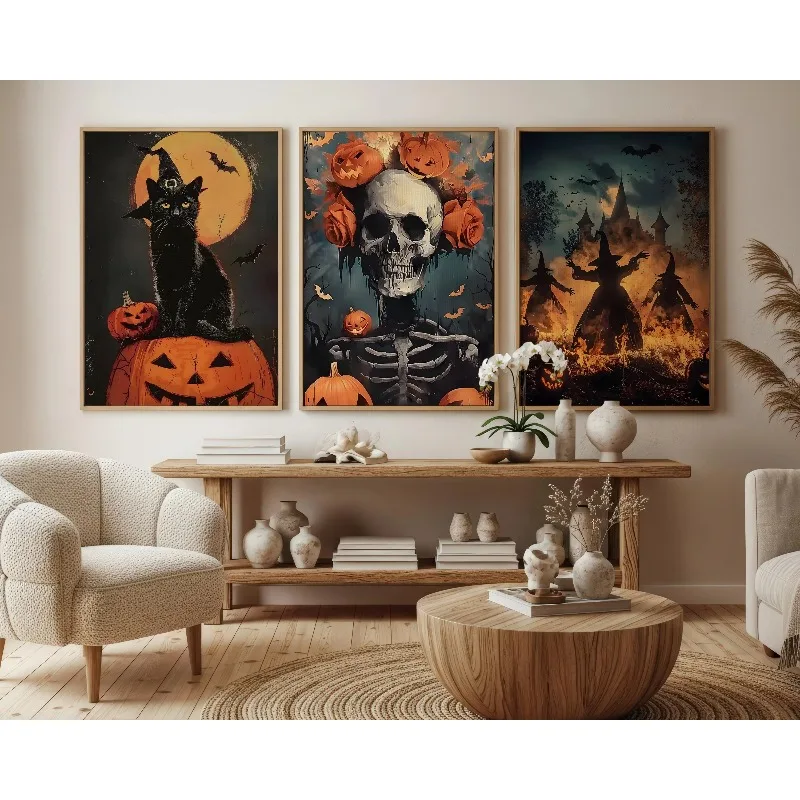 Retro Halloween Canvas Wall Art Set of 3 Black Cat Pumpkin Skeleton Witch Prints Vintage Spooky Home Party Wall Decoration