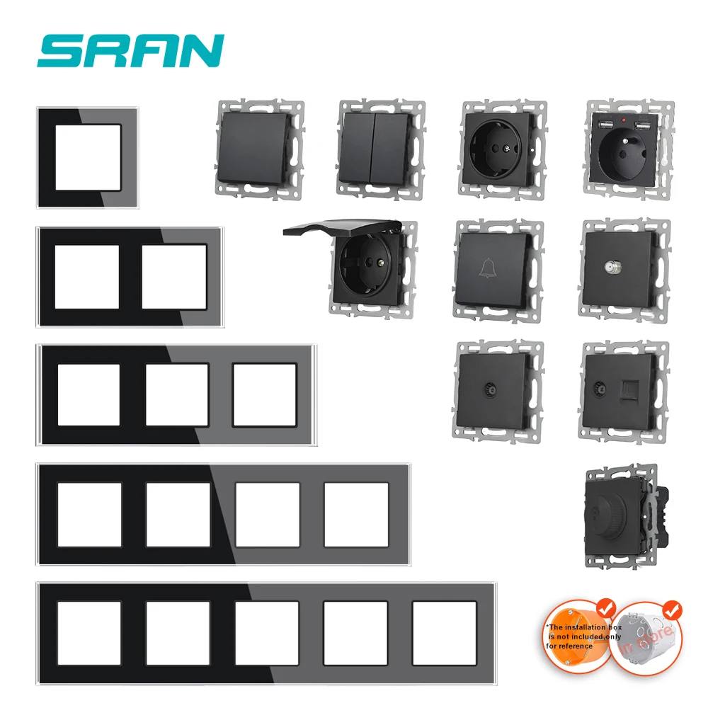 SRAN EU FR sockets and switch black tempered glass panel, Usb socket Rj45, TV, Satellite Wall Outlets module DIY