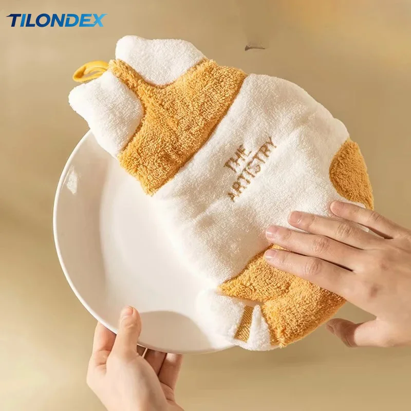 TILONDEX 1Pcs Cute Cat Kitchen Hand Towel Soft Absorbent Bathroom Hanging Towel Cartoon Kids Wipe Handkerchief