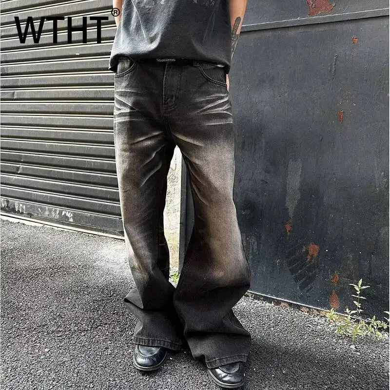 WTHT Fashion 2026 Summer Men's Gradient Pleated Do Old Denim Pants Trendy American Style Straight Casual Jeans Male 2A3218
