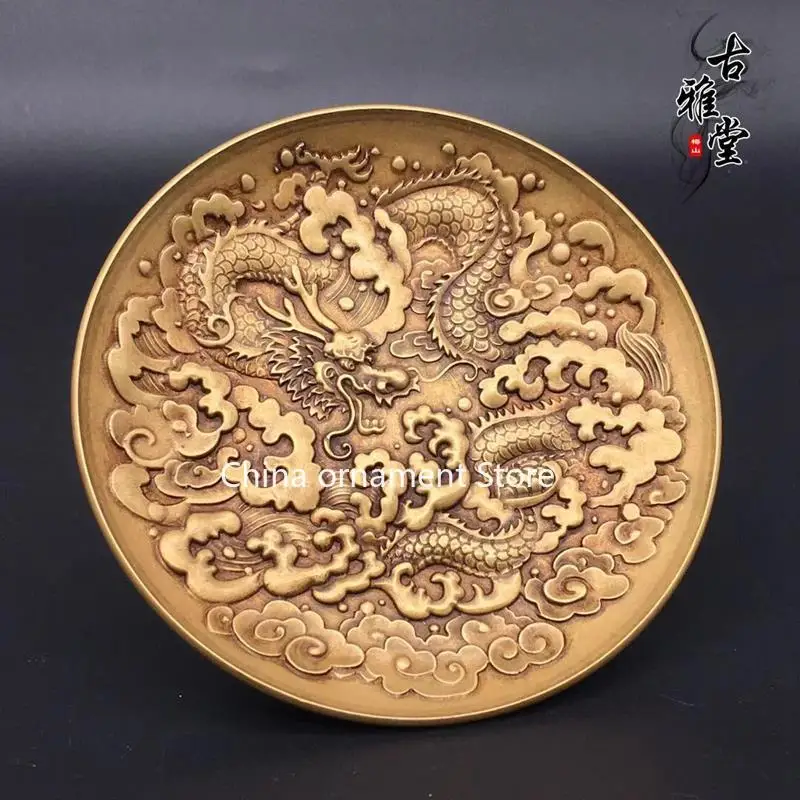 Antique antique bronze ware dragon flying phoenix dance pure copper plate Xianglong engraved copper plate desktop dragon plate c