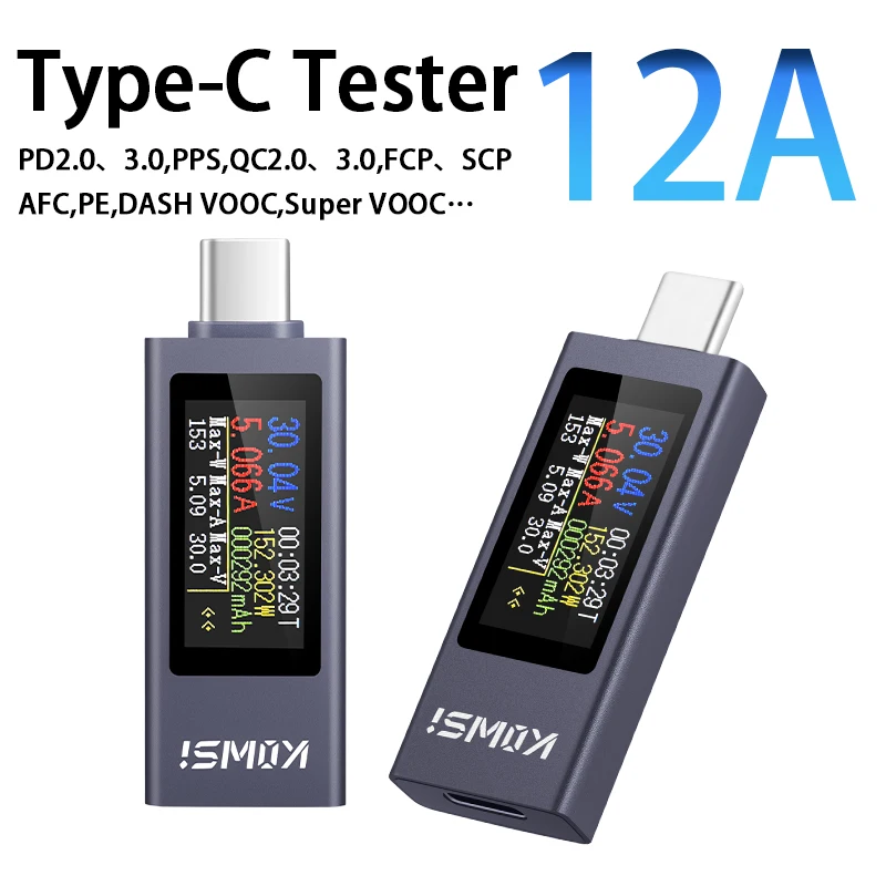 DC4-30V 0-12A Type-C Voltage Current Power Meter, Digital Bi-directional Current Tester for Phone Charging Detection