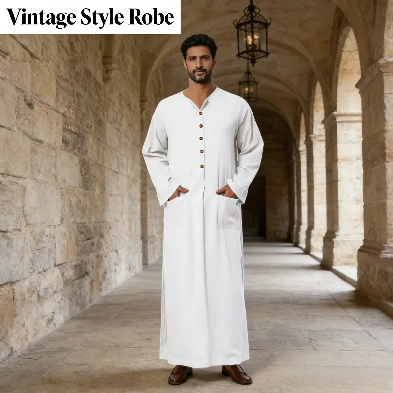 Muslim Middle Eastern Men Loose Solid Color Robe Long Sleeve Button Pocket Casual Outfit