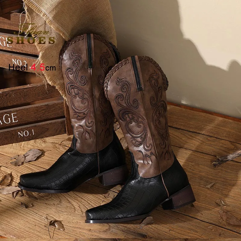 2025 جديد تطريز أنيق النساء منتصف العجل الأحذية رئيس مربع 4.5 سنتيمتر كعب متوسط فارس الأحذية الخريف الشتاء سيدة أحذية أحذية طويلة