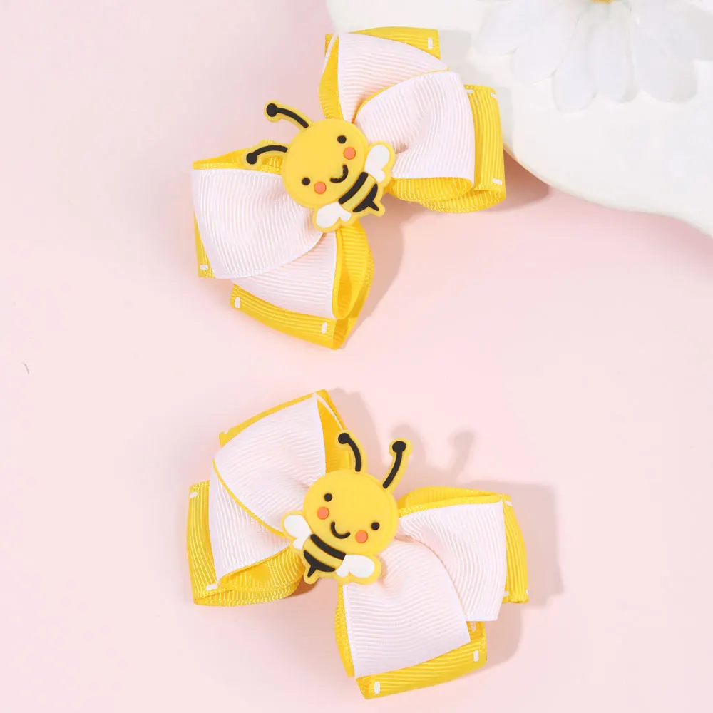 2Pcs Cartoon Bee Hairpin Elegant Ribbon Bowknot Hair Clips Kids Back To School Hair Accessories Girls Barrettes Headwear