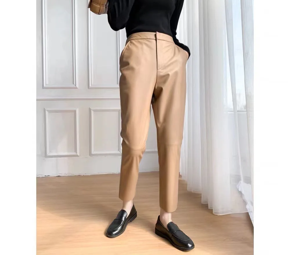 2023 Women New Fashion Genuine Sheepskin Harem Leather Pants Casual Loose High Waist Real Leather Pants E76