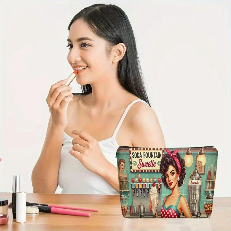 1pc Vintage Soda Fountain Cosmetic Bag - Dual-Sided Retro Diner Print, School Supplies & Travel Essentials - Unisex Gift