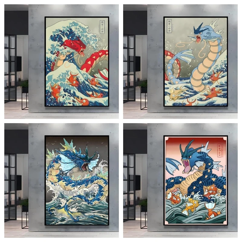 Japanese Classic Anime Picture Print Pokemon Gyarados Water Ripple Wall Art Poster Kids Modern Home Bedroom Decor Gifts