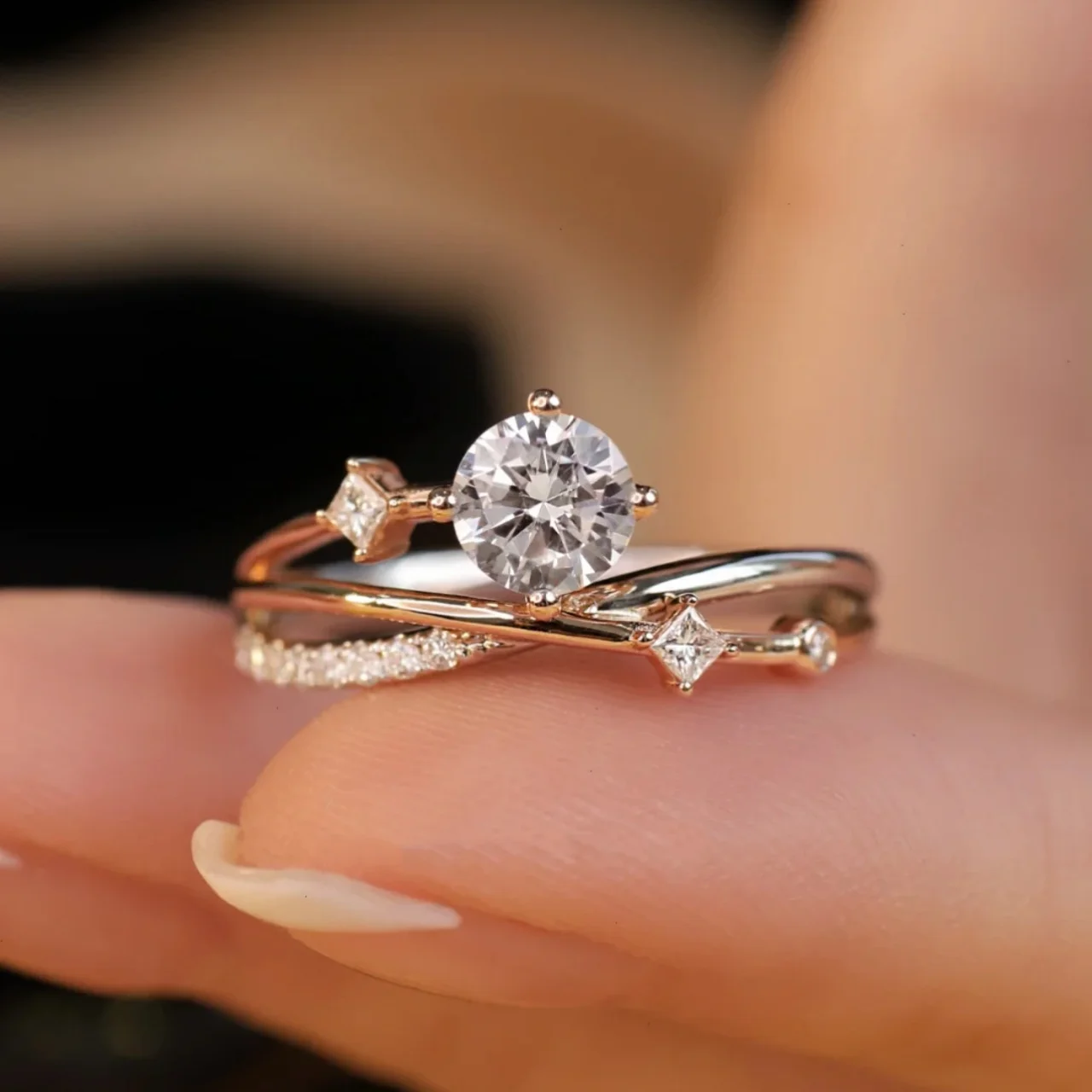 

925 Silver 1 Carat Round Moissanite Cross Rings For Women Two-tones Zircon Crown Finger Band Lab-grown Diamond Wedding Jewelry