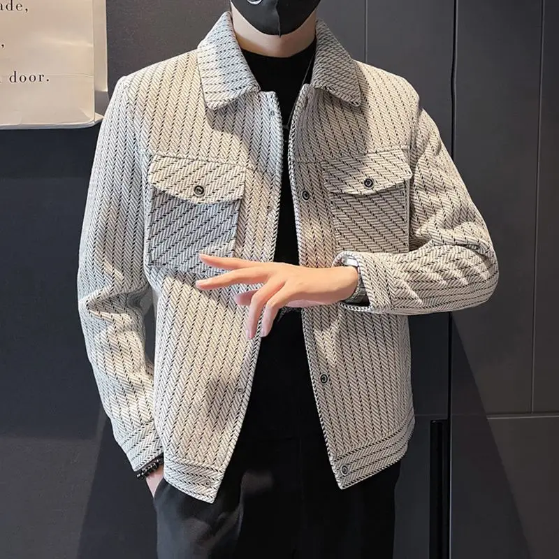 

Мужская шерстяная куртка в полоску, укороченная, с отложным воротником, осенне-зимняя, модная, приталенная, премиум-класса