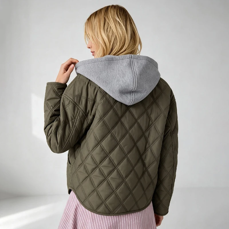 Women Faux Two‑piece Hooded Quilted Jacket Oversized Diamond Lattice Padded Coat Female Zip Snap Button Loose Casual Outerwear