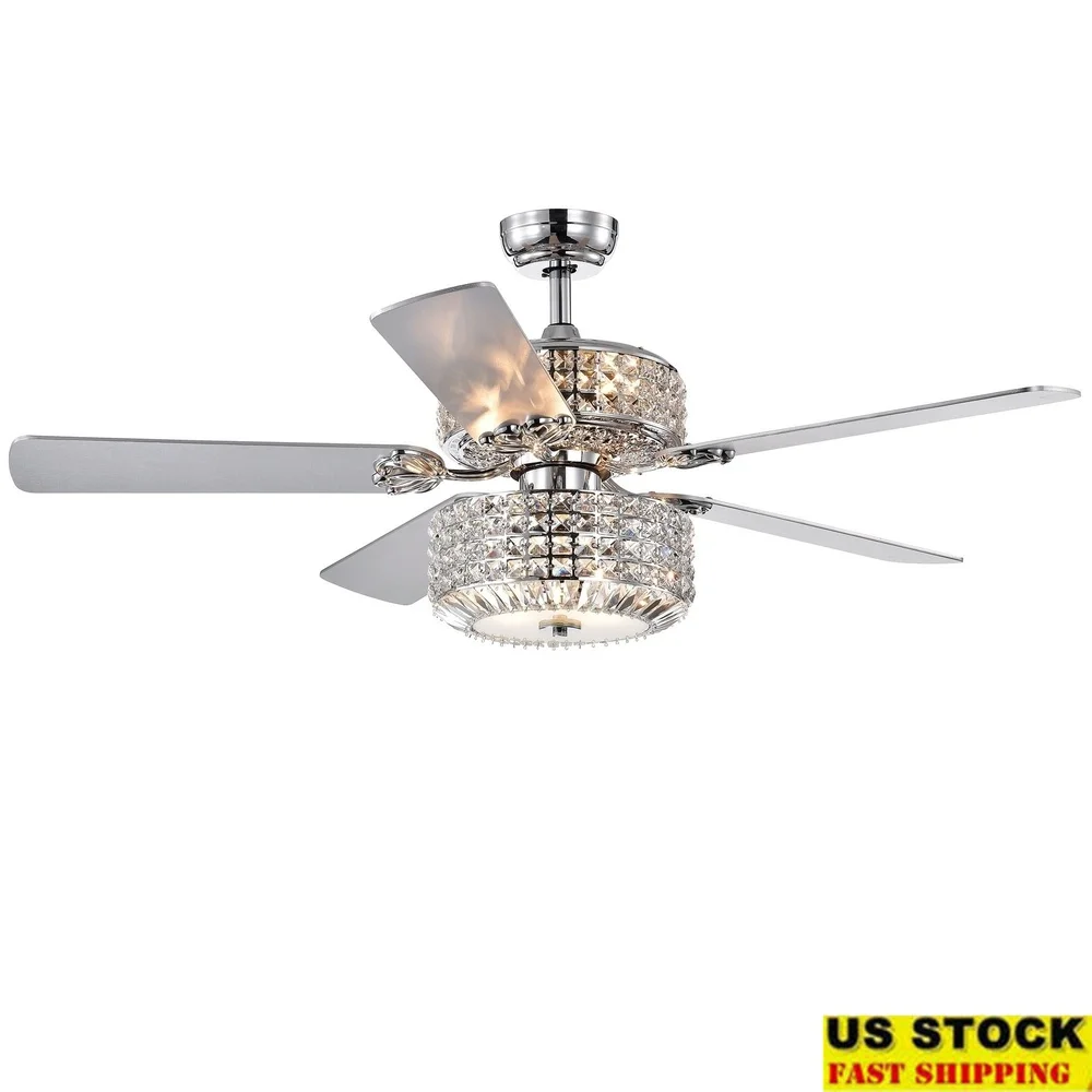 

Элегантный потолочный вентилятор с хромированной подсветкой, 52-дюймовый с хрустальными плафонами, дистанционное управление, трехскоростной двигатель, реверсивные лопасти, шесть ламп