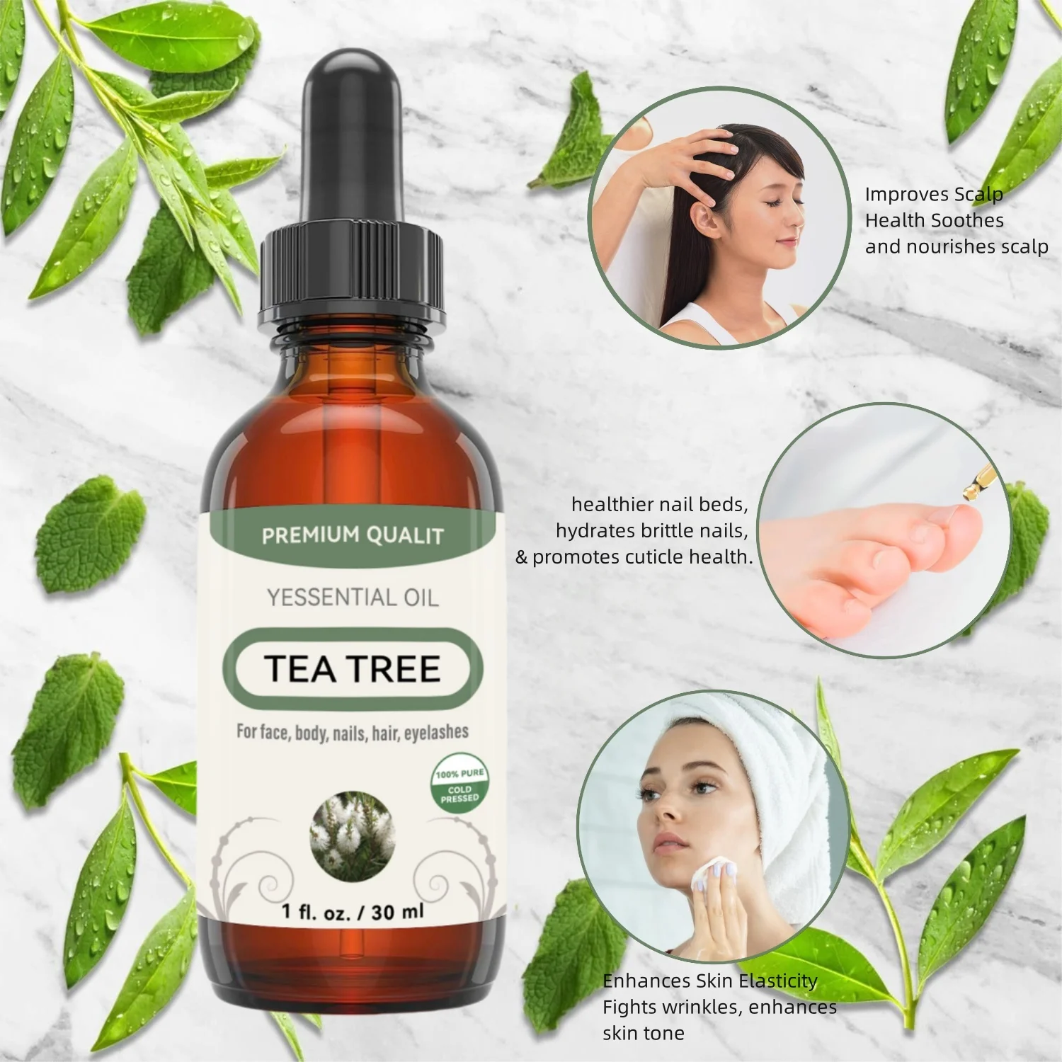 Premium Kwaliteit Etherische Olie Tea Tree Voor Gezicht, Lichaam, Nagels, Haar, Wimpers-100% Puur Koud Geperst 1 Fl. Oz./30 Ml