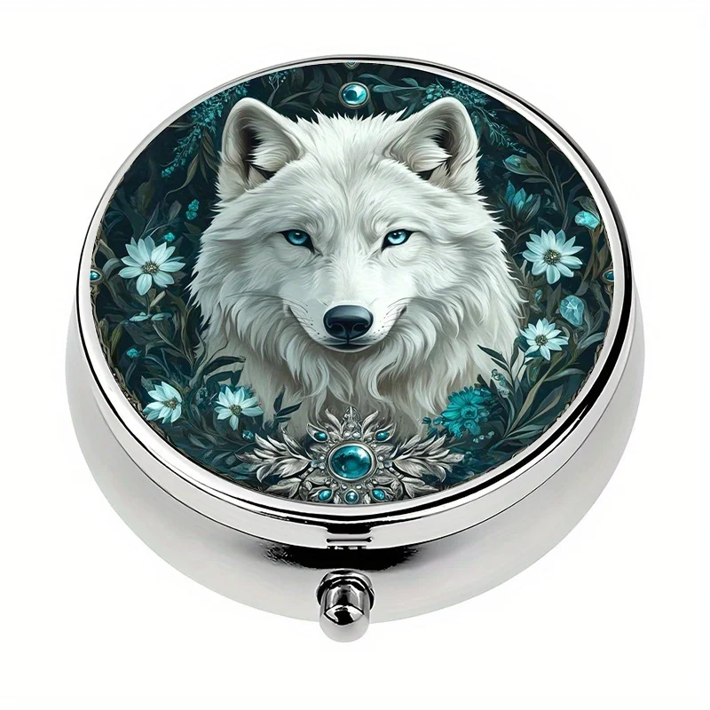 1 mysterious wolf-themed mini pill box, with 3 compartments, a decorative metal pill organizer for storing medication and vitamins