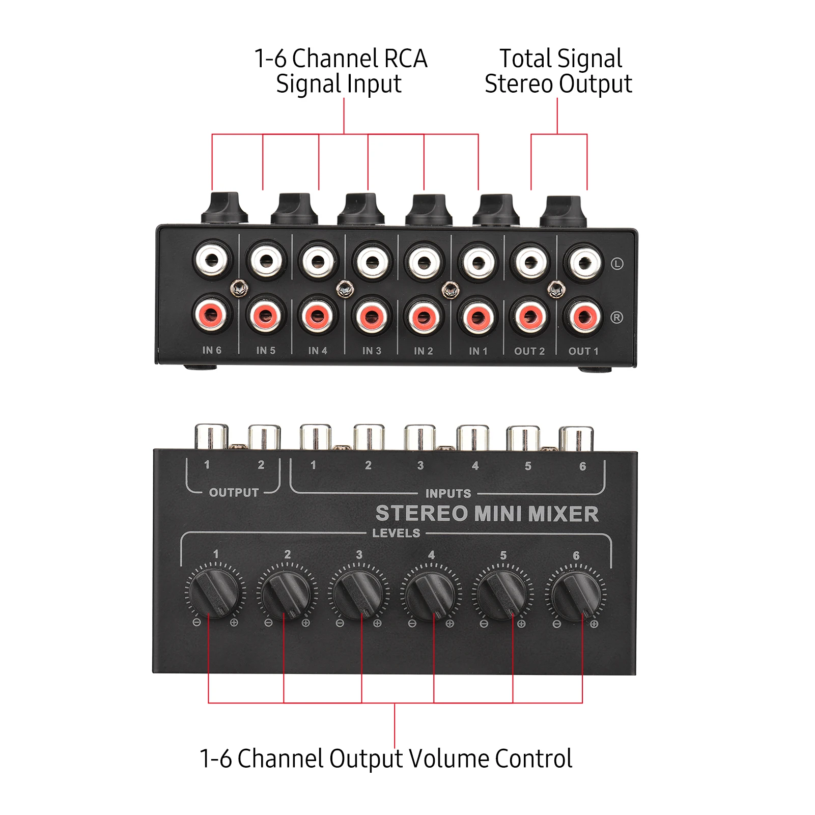 Mini Stereo 6-kanałowy pasywny mikser RCA przenośny mikser Audio 6 w 2 z regulatorem głośności dystrybutora Stereo nie wymaga baterii